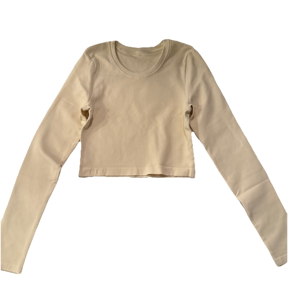 OQQ Small Women's Crop Top Long Sleeve Round Neck Fitted Top Cream NWOT